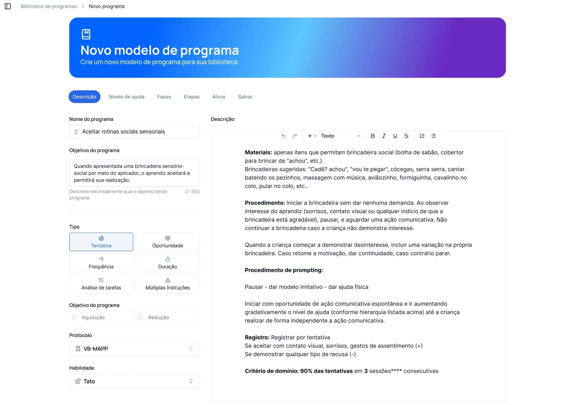 Criação de um novo modelo de programa